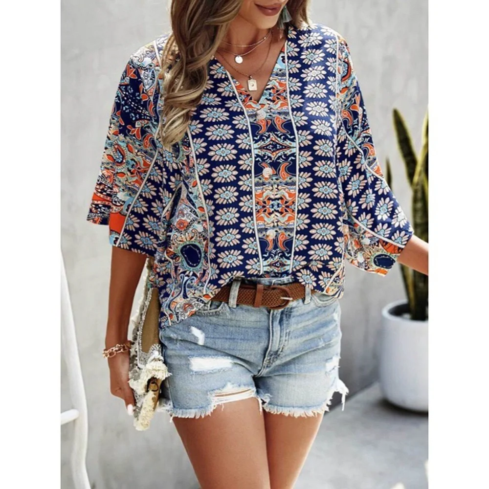 🔹 BOHO BLUE MULTI ABSTRACT PRINT LOOSE FIT BLOUSE! - Picture 6 of 8
